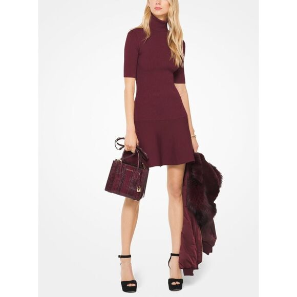 New! MICHAEL KORS Women's Turtleneck Sweater Dress Ribbed Body Flared Hem Merlot - Picture 1 of 6